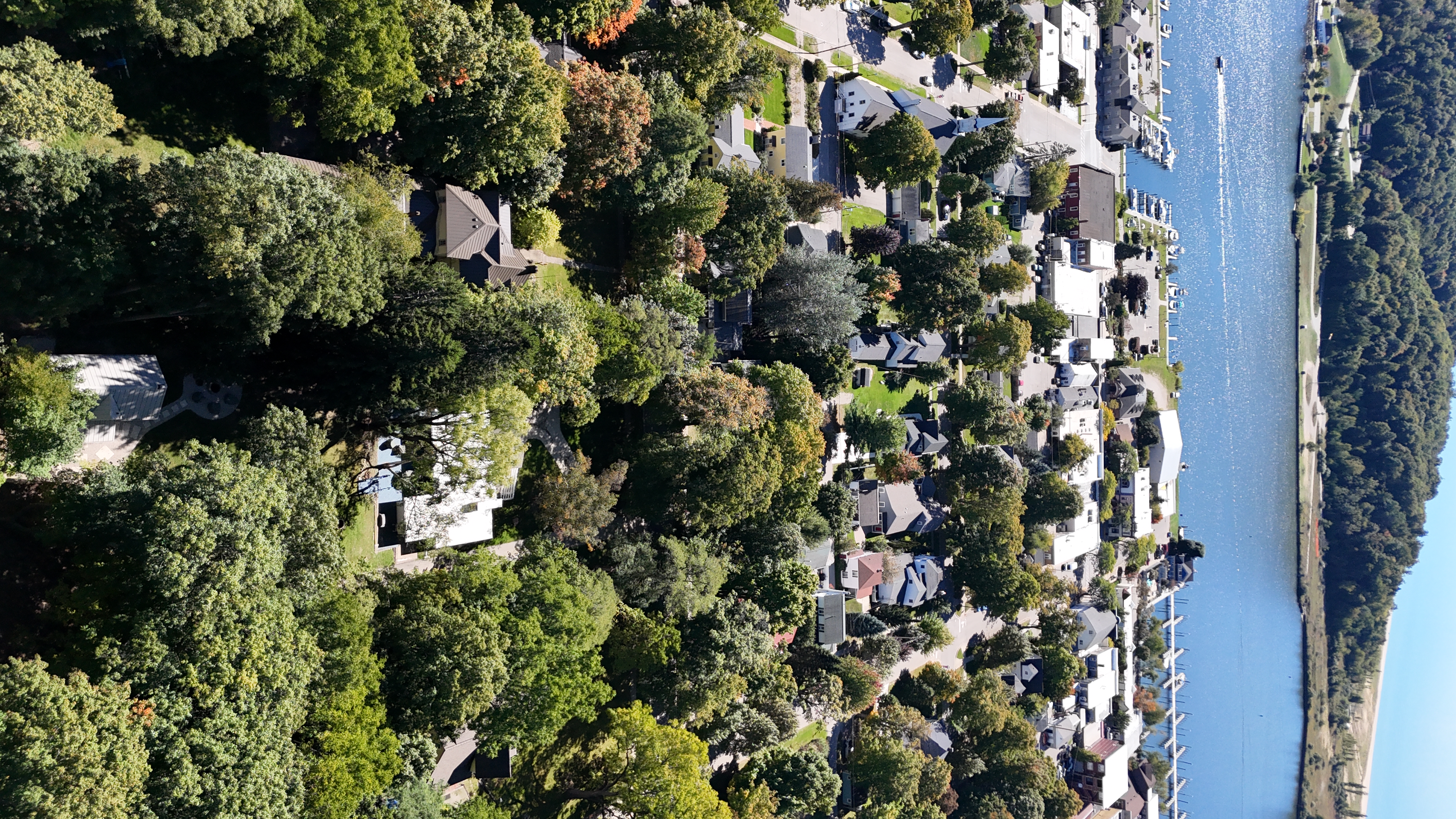 OVERVIEW:  Aerial photo from above the property looking towards downtown Frankfort, Betsie Bay, and the dunes of Elberta