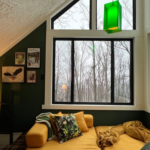 Eagles Nest loft with cozy seating and forest views