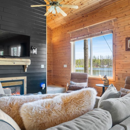 Comfortable living room with lake views