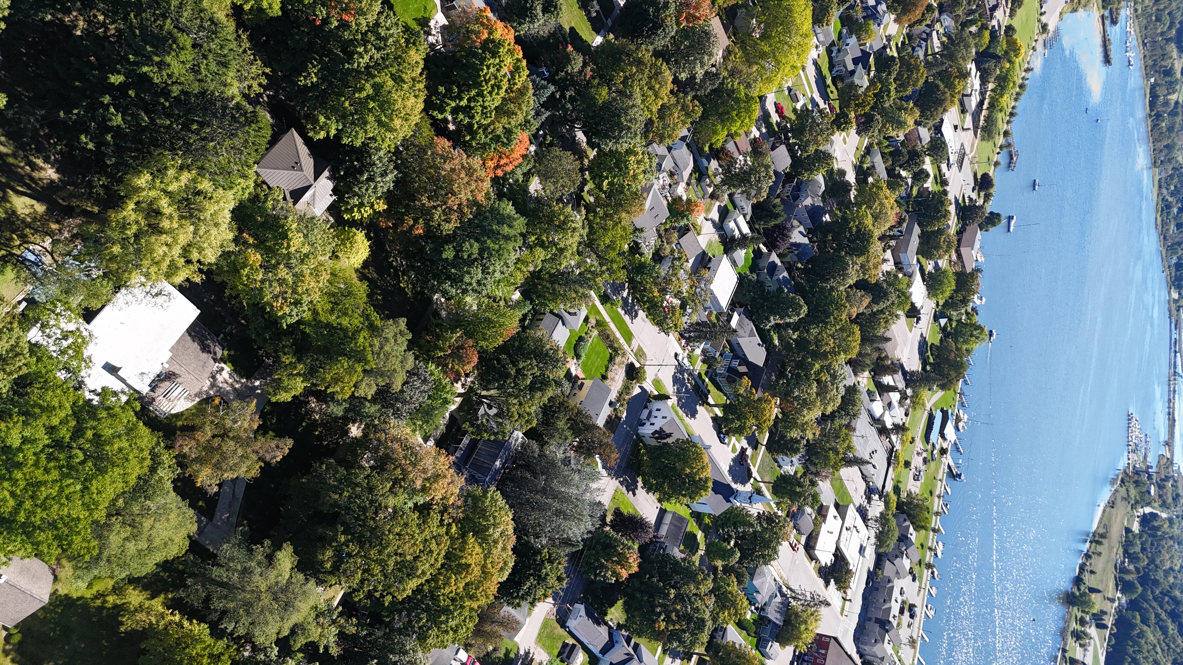 OVERVIEW:  Aerial photo from above the property looking towards downtown Frankfort, Betsie Bay, and Elberta.