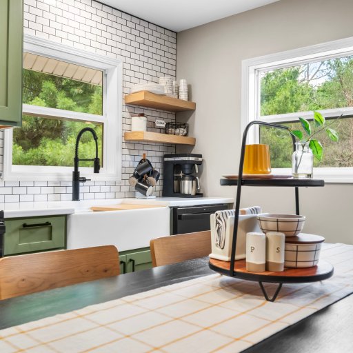 Farmhouse sink, coffee station and open shelving