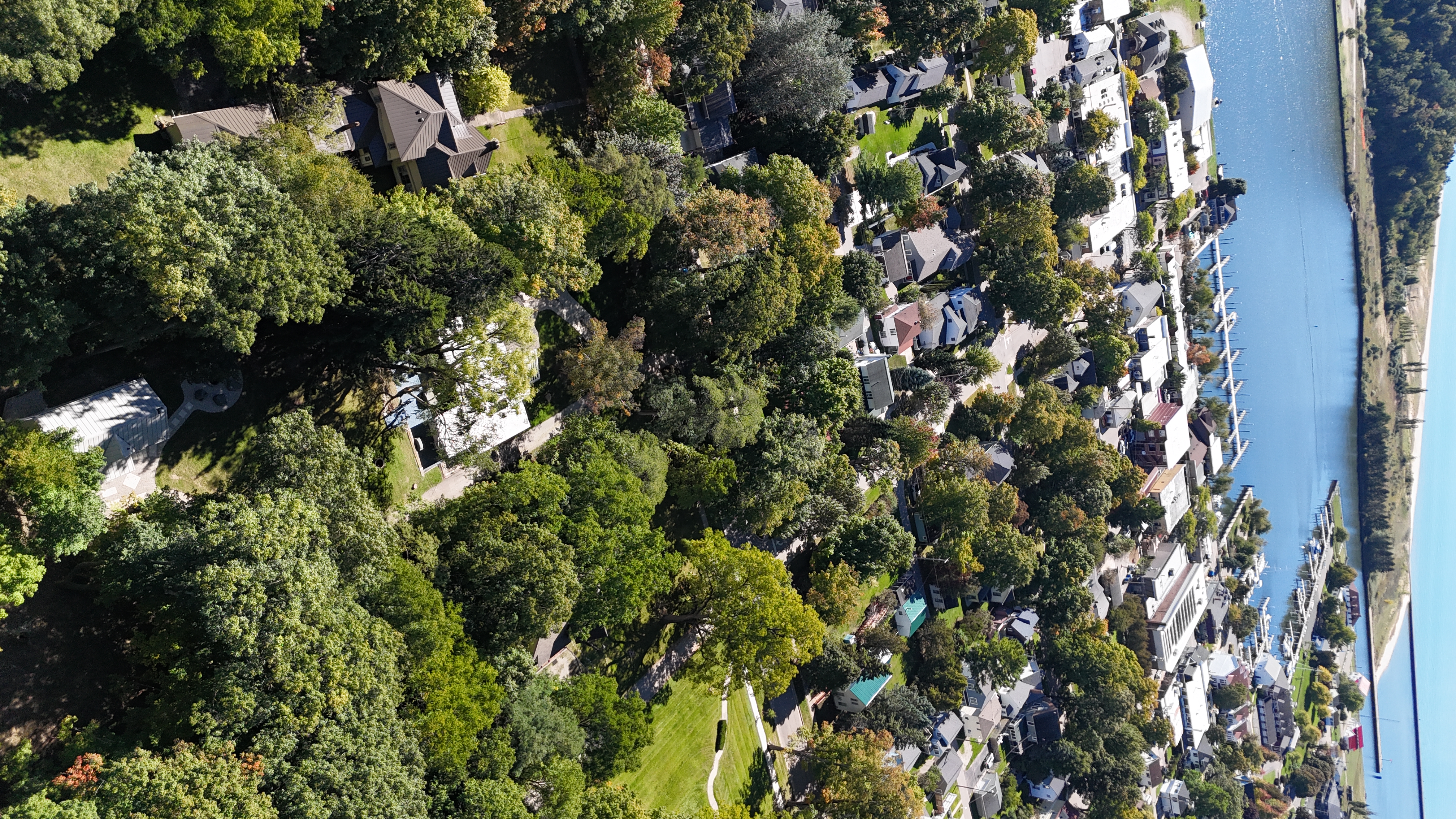 OVERVIEW:  Aerial photo from above the property looking towards downtown Frankfort and Betsie Bay.
