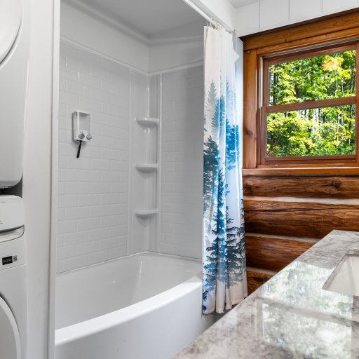 Tub and shower, plus stacked washer and dryer