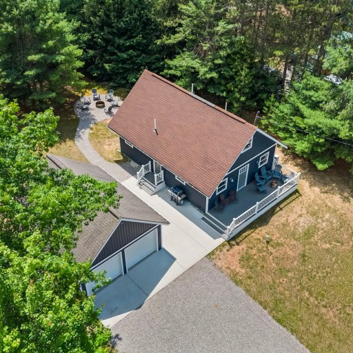 The house, deck and fire-pit path from overhead