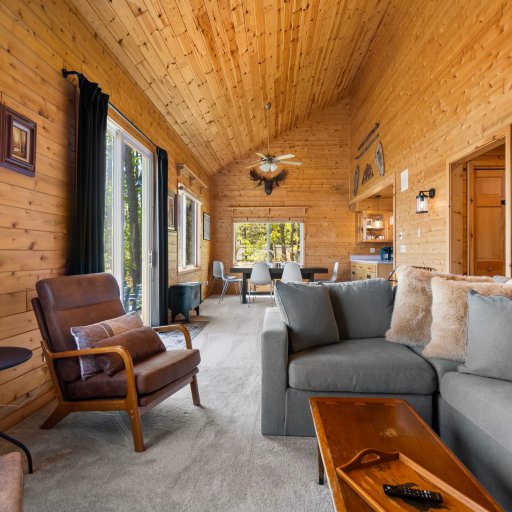 Soaring knotty-pine living room with gas fireplace