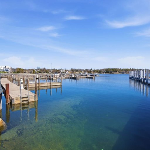 The Charlevoix city marina — a short walk from the door, with Lake Michigan through the drawbridge.