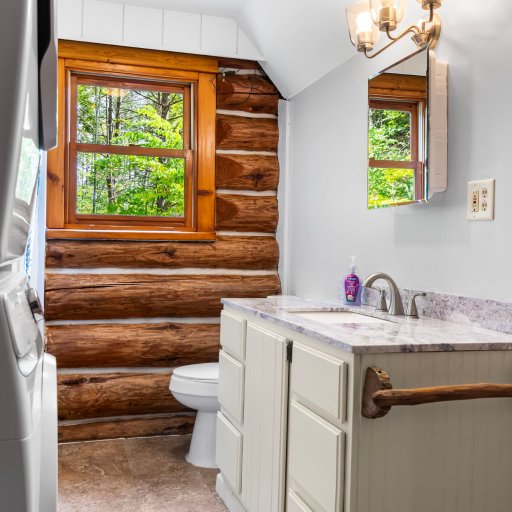 Bathroom with a window to the woods