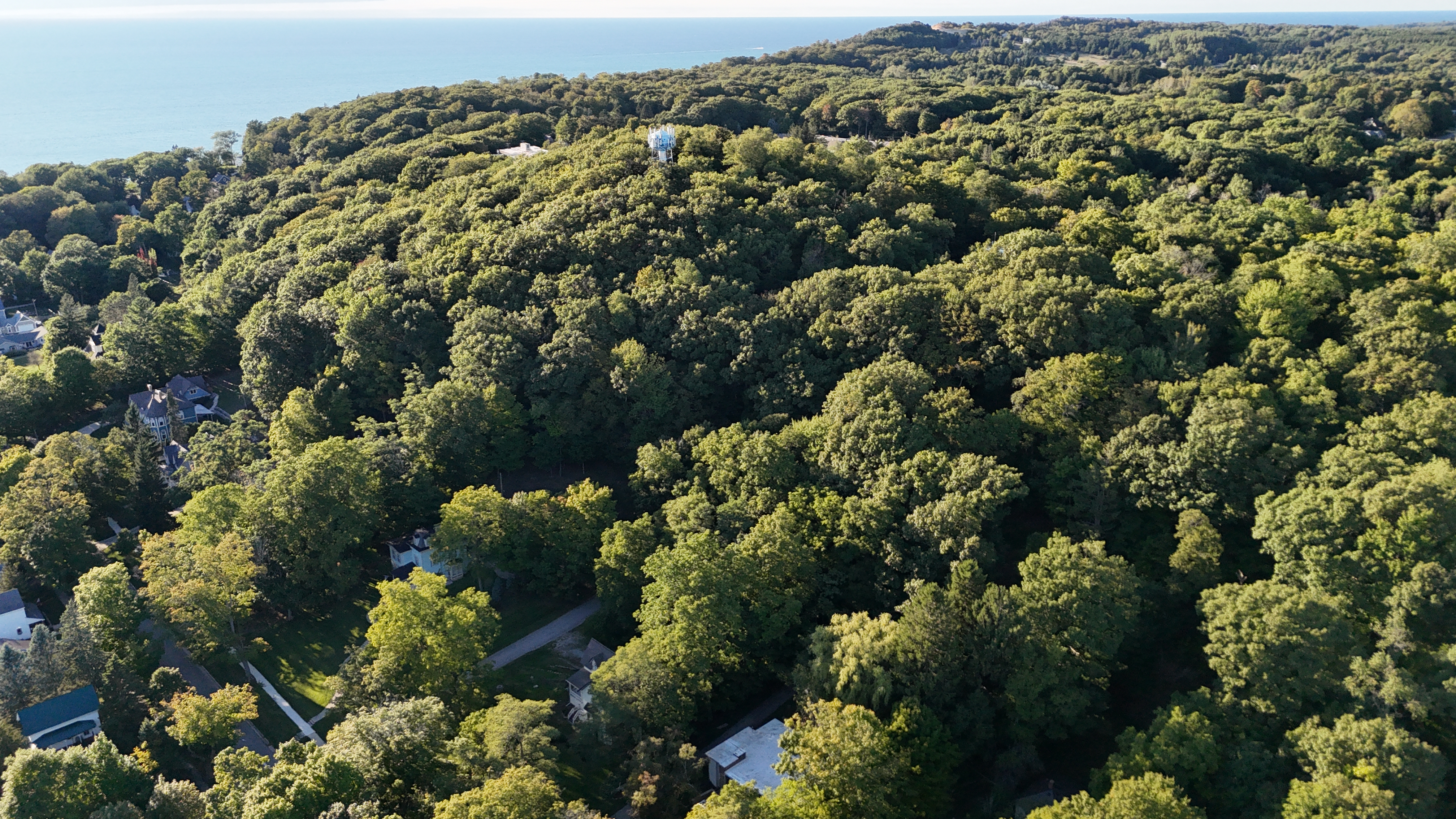 OVERVIEW:  Aerial photo from above the house looking northwest showing Tower Hill to the north of the house along with Lake Michigan to the west.