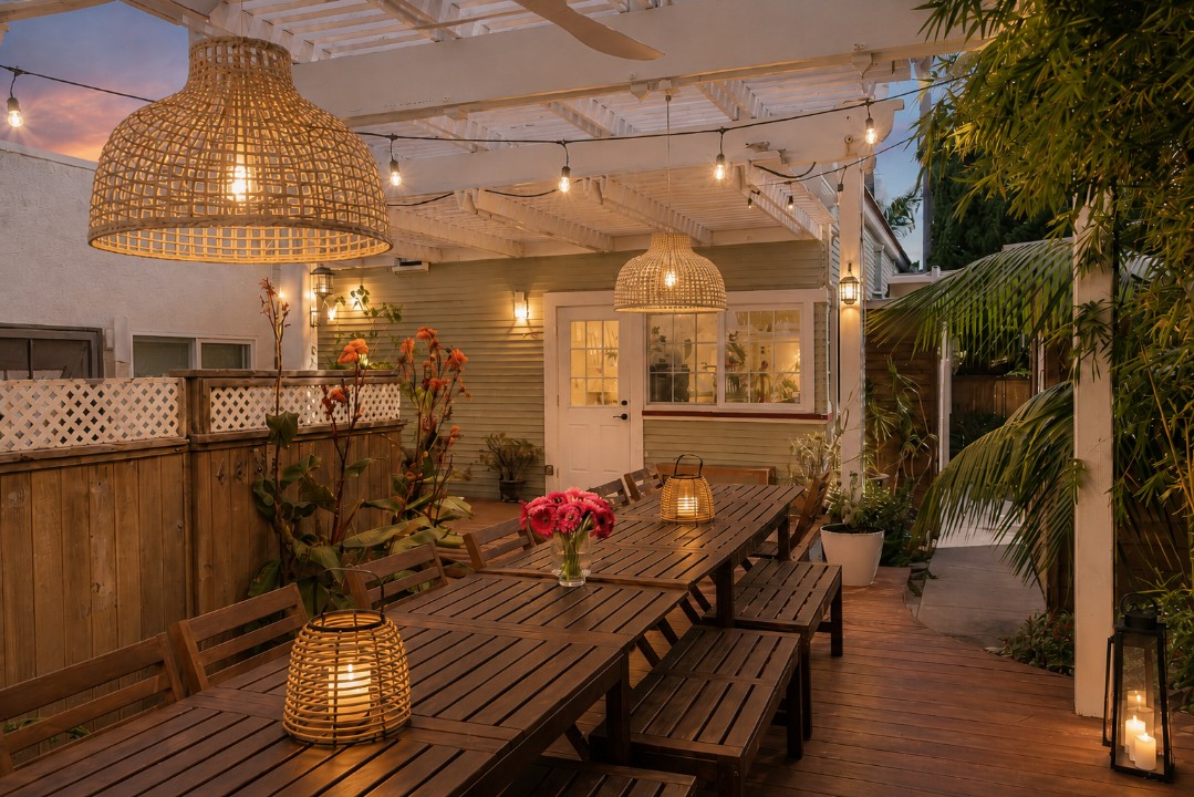 Seaside Square group vacation rental in Ocean Beach San Diego, the shared courtyard set for dinner under string lights