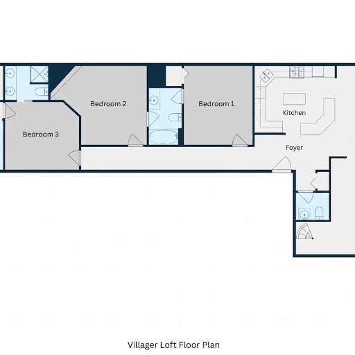 Floor plan: three King bedrooms on the west end (BR3 with walk-in closet and private ensuite), open kitchen-dining-living on the east facing the lake, in-unit laundry.