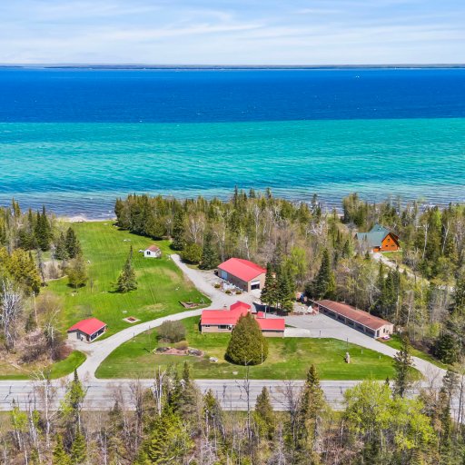 Aerial of the shared property - five private acres on 300+ feet of Lake Huron frontage.