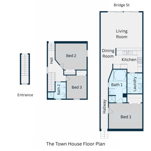 Floor plan: three bedrooms, two baths, living space facing Bridge Street.