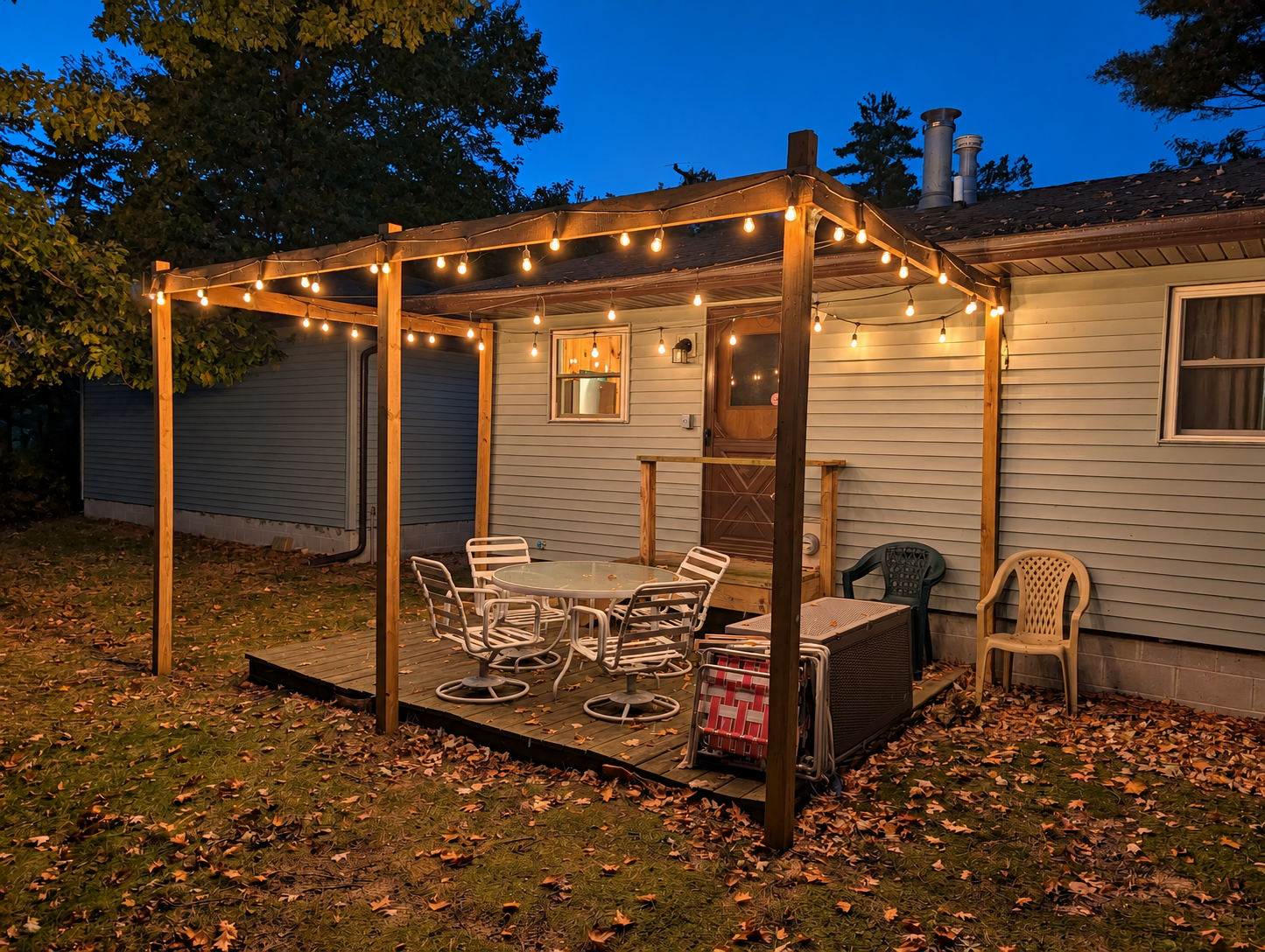 EXTERIOR:  The backyard deck at night