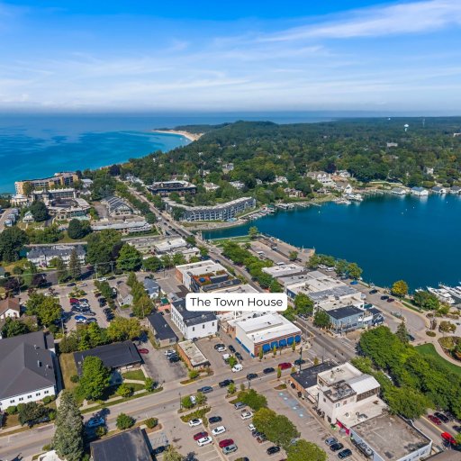 Downtown Charlevoix from above: The Town House sits between Round Lake marina and Lake Michigan, a short walk to both.