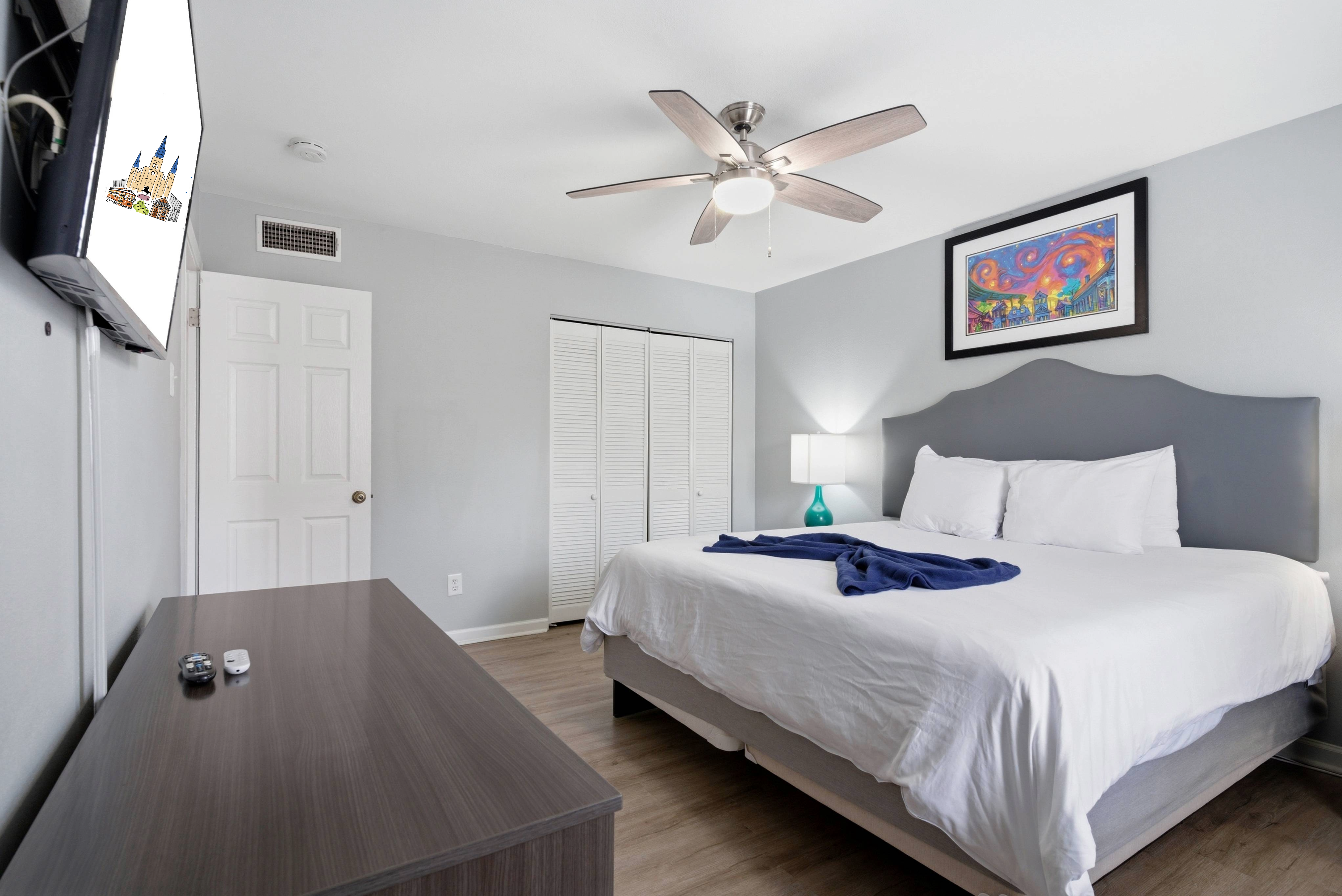 Cozy king bedroom with smart TV