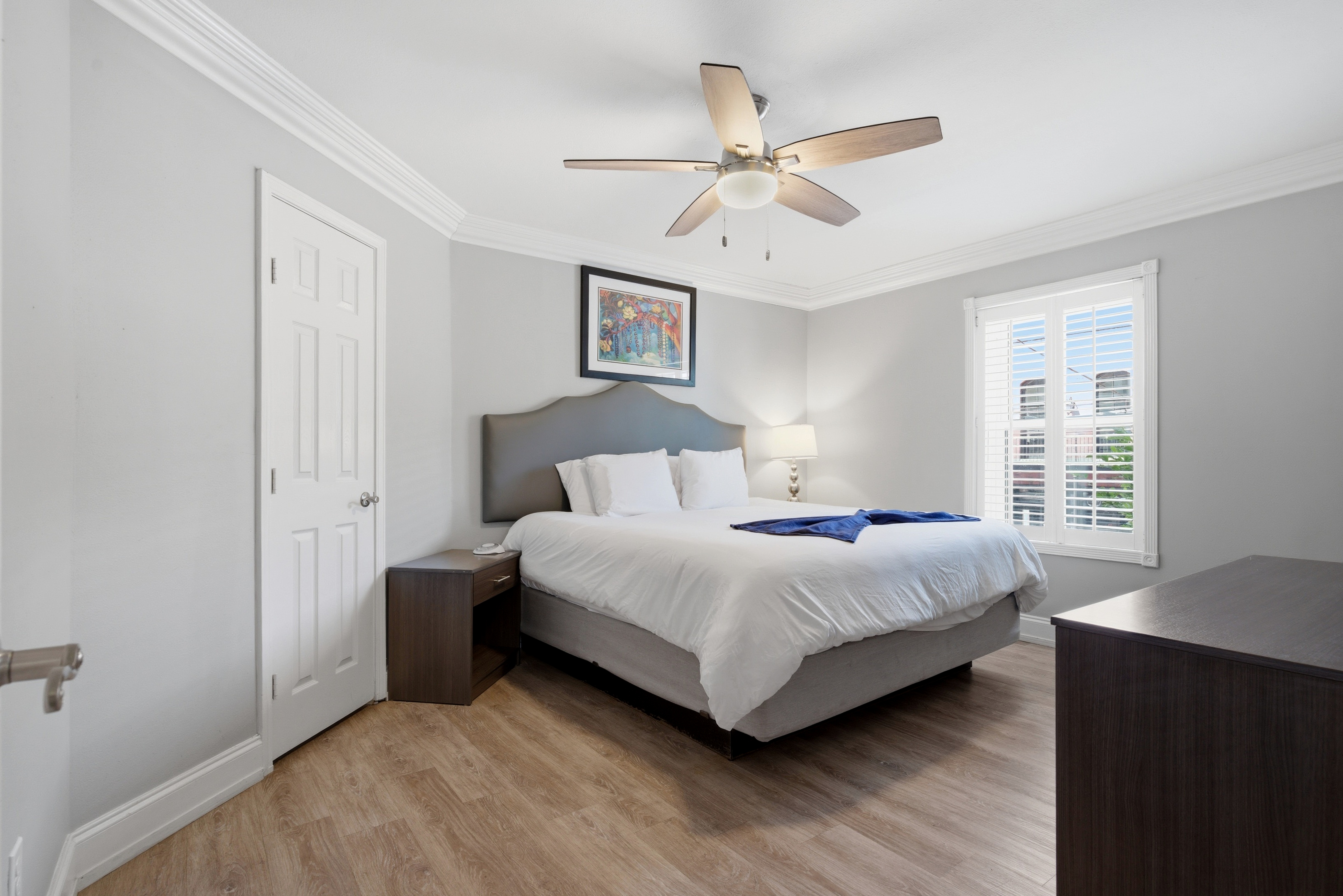 Cozy king bedroom with smart TV