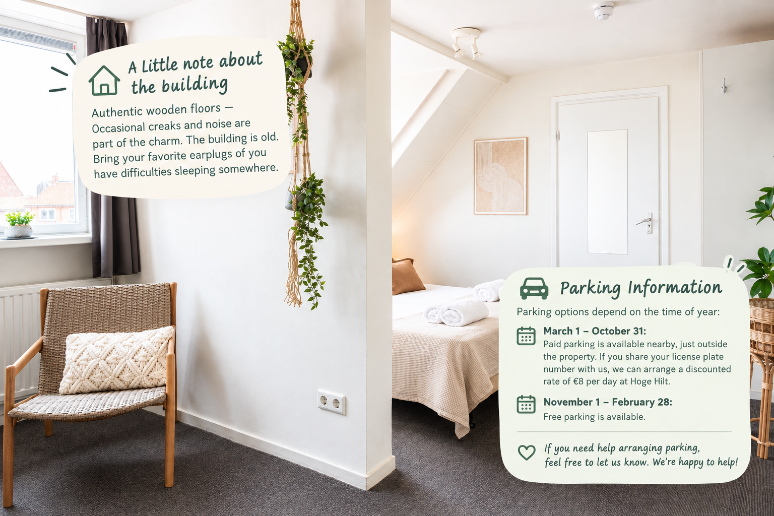 Holiday Zeeland memories begin in this cozy authentic suite. Parking information in Zoutelande.