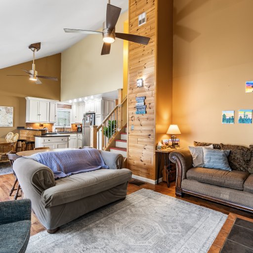 Vaulted open-plan great room, kitchen and dining all in one space