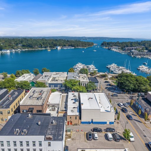 Round Lake marina and the Charlevoix channel, one block from the door.