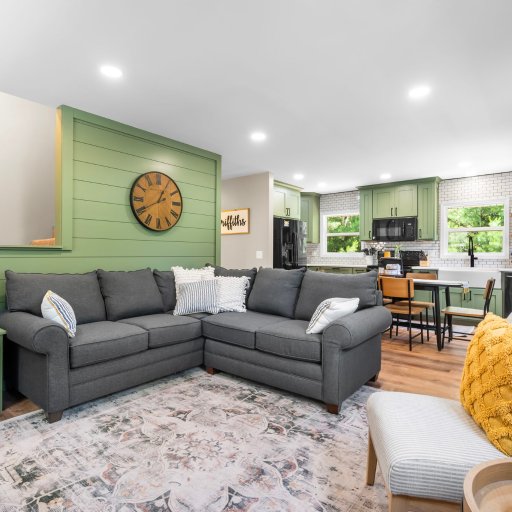 Open-concept living room flows straight into the kitchen