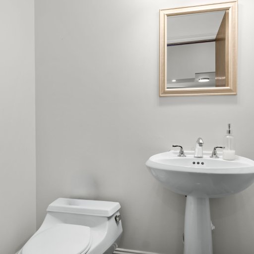 Half bath off the main living space — pedestal sink, discreet, and convenient mid-game.