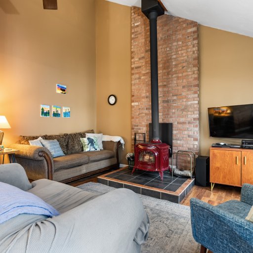 Sofas gathered around the wood stove and the TV
