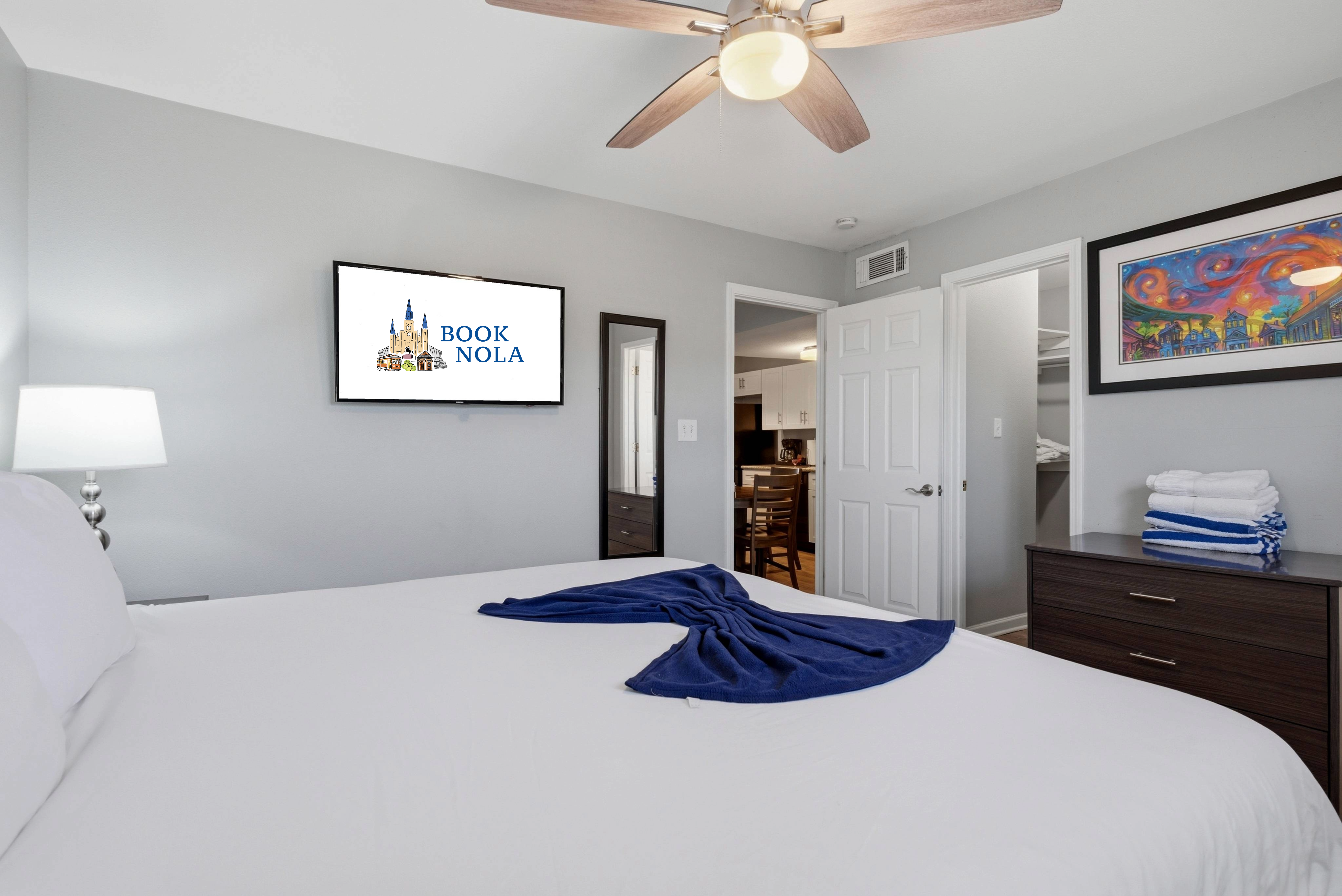Cozy king bedroom with smart TV