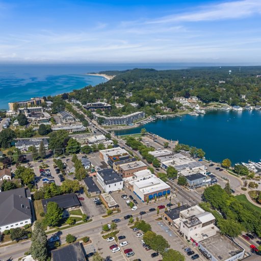 Charlevoix from above: Round Lake, the channel, and Lake Michigan beyond, all within a short walk of the loft.