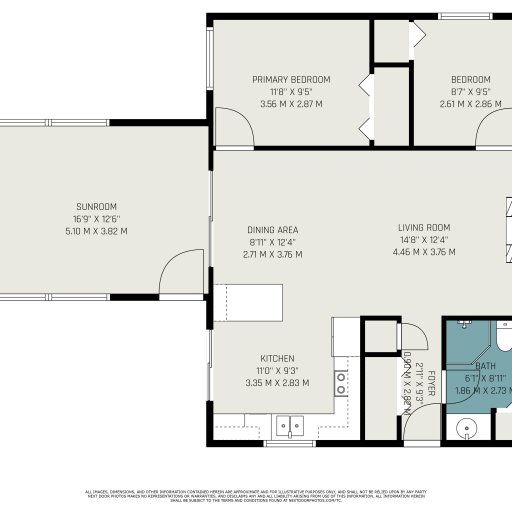 Pine Lake floor plan — 2 bedrooms, sunroom, and open living